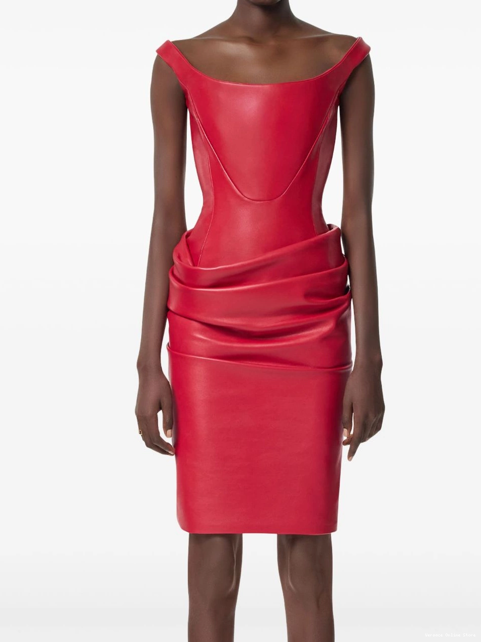 Affordable leather dress Women draped corset Versace midi 0415